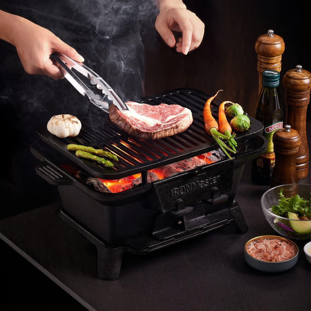 IronMaster Hibachi Grill Outdoor, Small Portable Charcoal Grill, 100% Pre-Seasoned Cast Iron, Japanese Yakitori Camping Grill - 2 Heights, Air Control, Coal Door + Carrying case