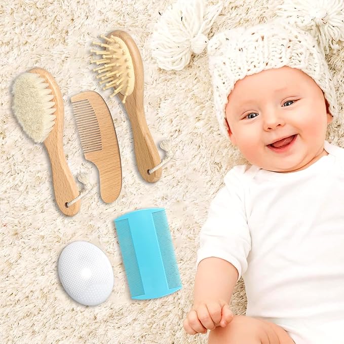 Baby Hair Care Kit, 5 in 1 Wooden Natural Goat Bristles Brush Cradle Cap Comb Baby Grooming Kit for Newborns Toddlers Boys Girls Gift