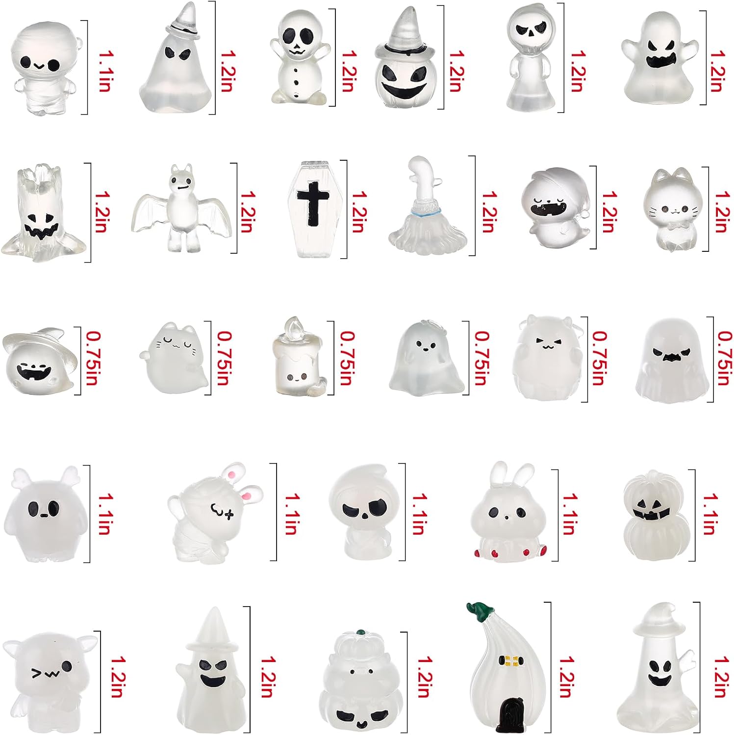 58 Pcs Halloween Luminous Mini Figures Glow in Dark Tiny Resin Figures Set Fairy House Diorama Accessories Halloween Pumpkin Ghost Skull Ornament for Garden Dollhouse Craft DIY(Ghost)