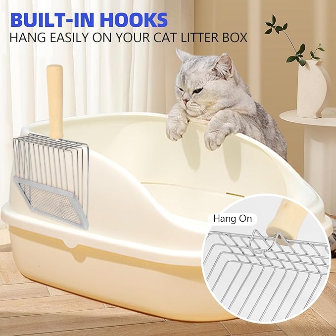 Litter Scooper, Metal Litter Scoop, Pooper Scooper with Wooden Handle, Cat Litter Scoop, Metal Scooper & Speed Sifter Deep Shovel Scoop Filter,Kitten Pooper Lifter for Litter Box