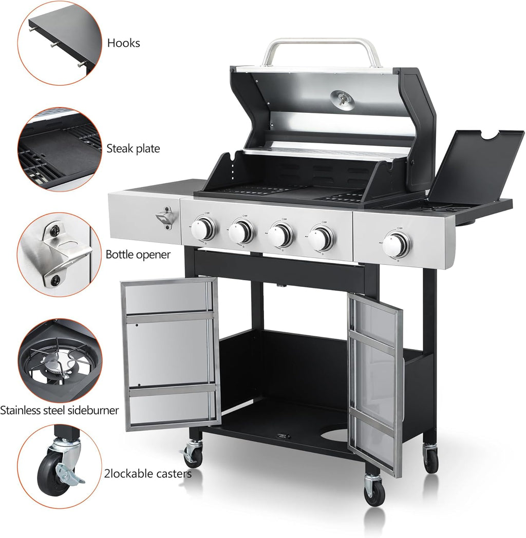4-Burner Propane Gas BBQ Grill with Side Burner, 46,790 BTU Output, Enameled Cast Iron Grates, Heavy-Duty Stainless Steel Outdoor Grill for Backyard Barbecue