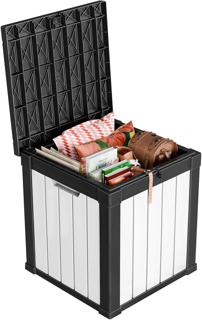 50-Gallon Outdoor Deck Box,Storage Lockable Waterproof Patio Furniture,Garden Tools,Cushions,Pool Accessories Outside Storage Resin Box(Black and White)