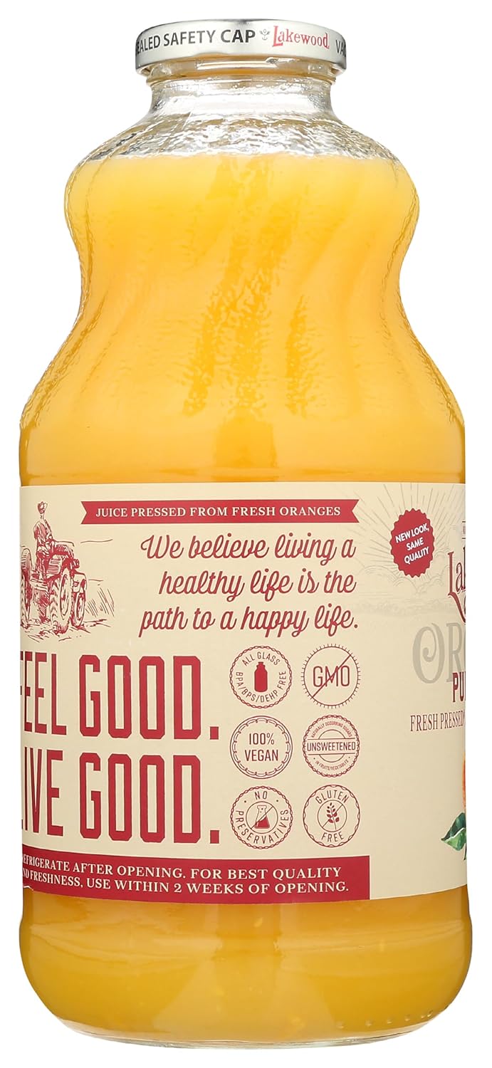 Lakewood Organic Pure Orange Juice (32 Fl Oz, Pack of 6) - Fresh Squeezed Taste