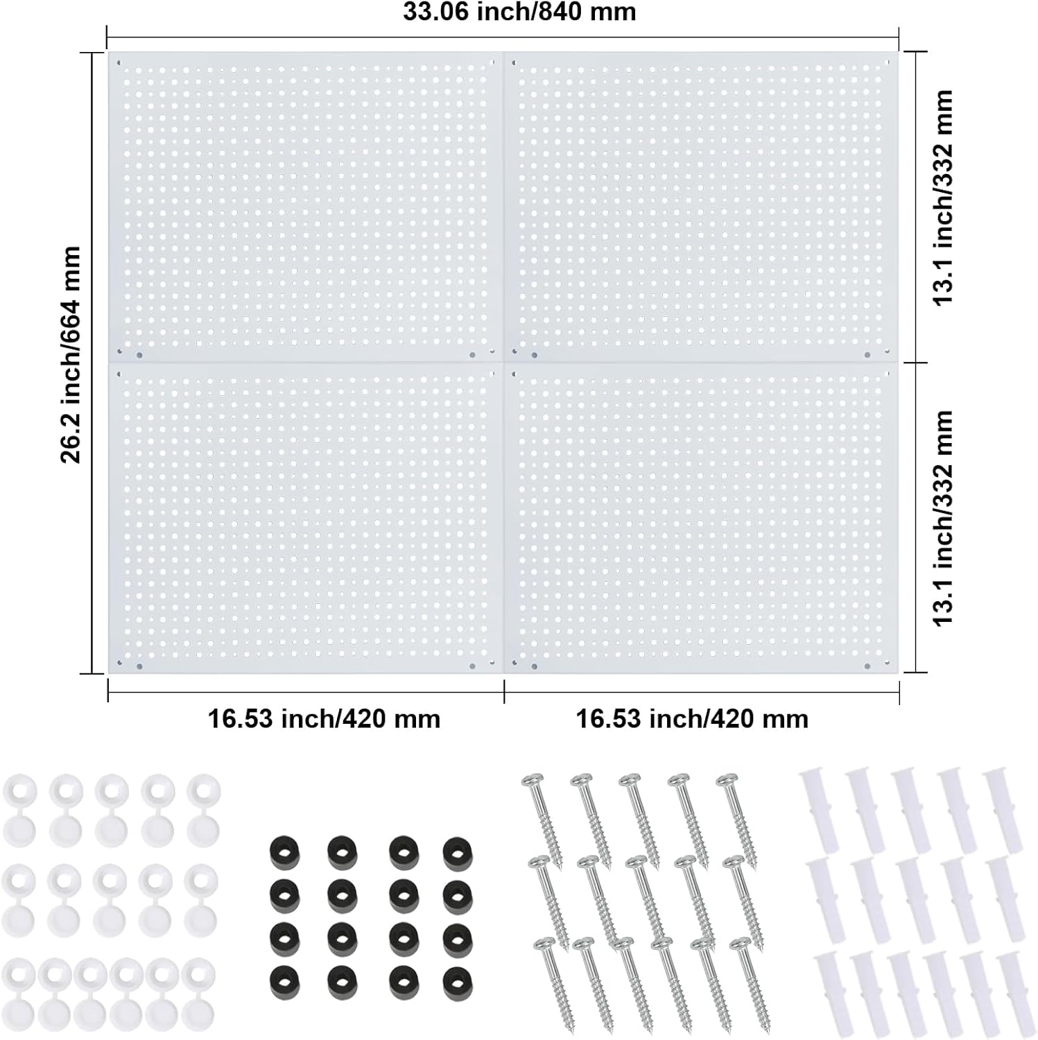 Peg Board, Heavy Duty Steel Organization Panels, Universal 1/8 and 1/4 Peg Board Accessories, Ideal for Garage Tool Storage, Pack of 4(White, 16X12)