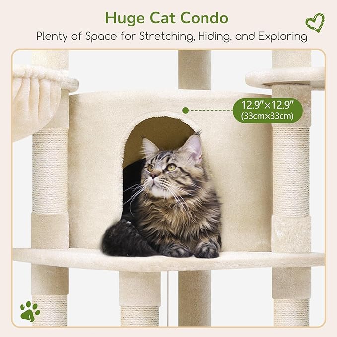 Globlazer Corner Cat Tree, 51in Curved Series Modern Cat Tower for Indoor Cats with Hammock, 7 Sisal Scratching Posts, Large Fan-Shaped Platform for Large Cats, Cat Condo & Hanging Basket, C51, Beige