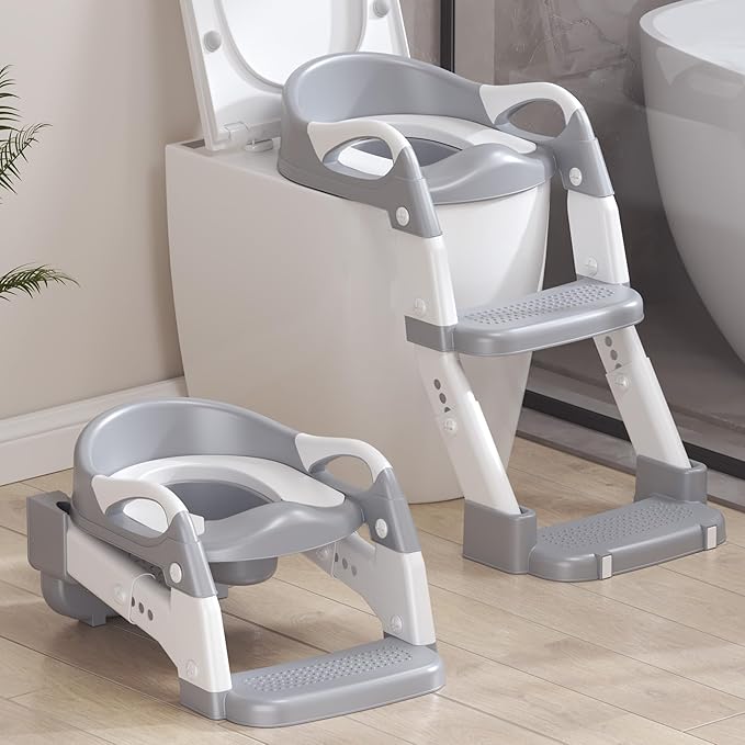 2-in-1 Toddler Potty Training Toilet Seat with Step Stool Ladder – Adjustable Height Potty Chair Urinal for Baby Boys Girls Age 1-3, Foldable Training Potty with Splash Guard & Anti-Slip Feet, Grey