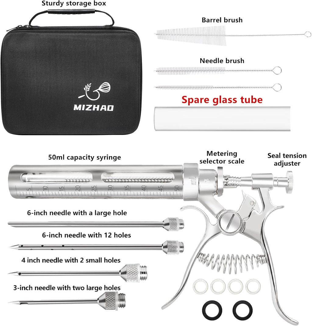 Premium Meat Injector Kit - Stainless Steel Marinade Syringe with 4 Needles, Leak-Proof, Food-Grade Injector for BBQ, Turkey, Chicken, and Grilling – Includes Bonus Glass Tube(9.1in)