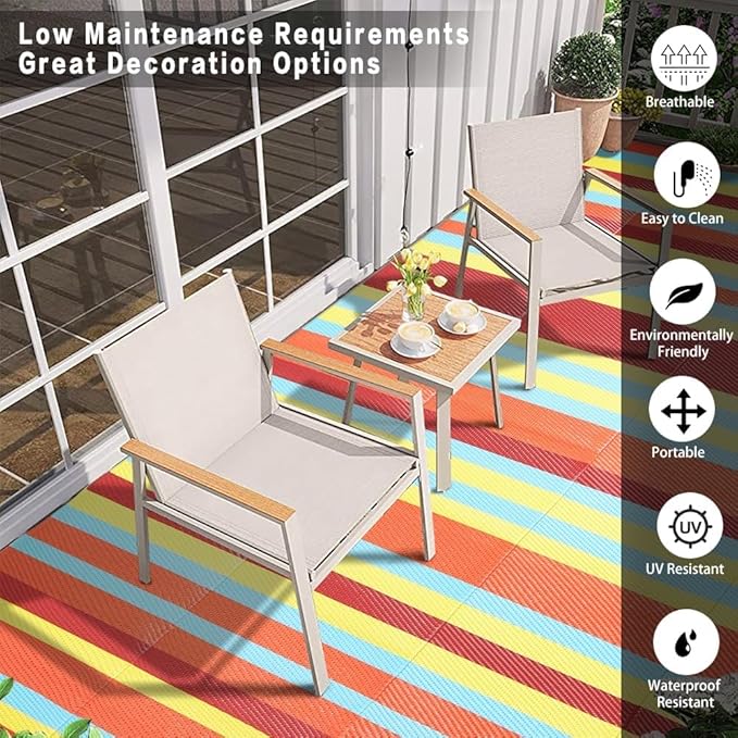 Outdoor Waterproof Rug 8'x10' Plastic Straw Rugs Washable Reversible Floor Mat Rainbow Stripe Carpet for Camping RV Deck Entryance Porch Picnic Balcony Beach Backyard