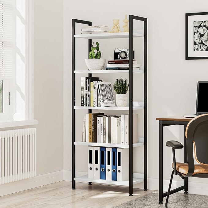 NUMENN Bookshelf, 5 Tier Bookshelves, Home Office Bookcase Shelf Storage Organizer, Free Standing Storage Shelving Unit for Bedroom, Living Room and Home Office, White&Black