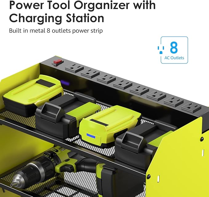 CCCEI Set Power Tool Organizer Wall Mount with Charging Station. Garage 4 Drill Storage Shelf with Hooks, Heavy Duty Metal Tool Battery Charger Organizer. Shop Utility Rack with Power Strip Green.