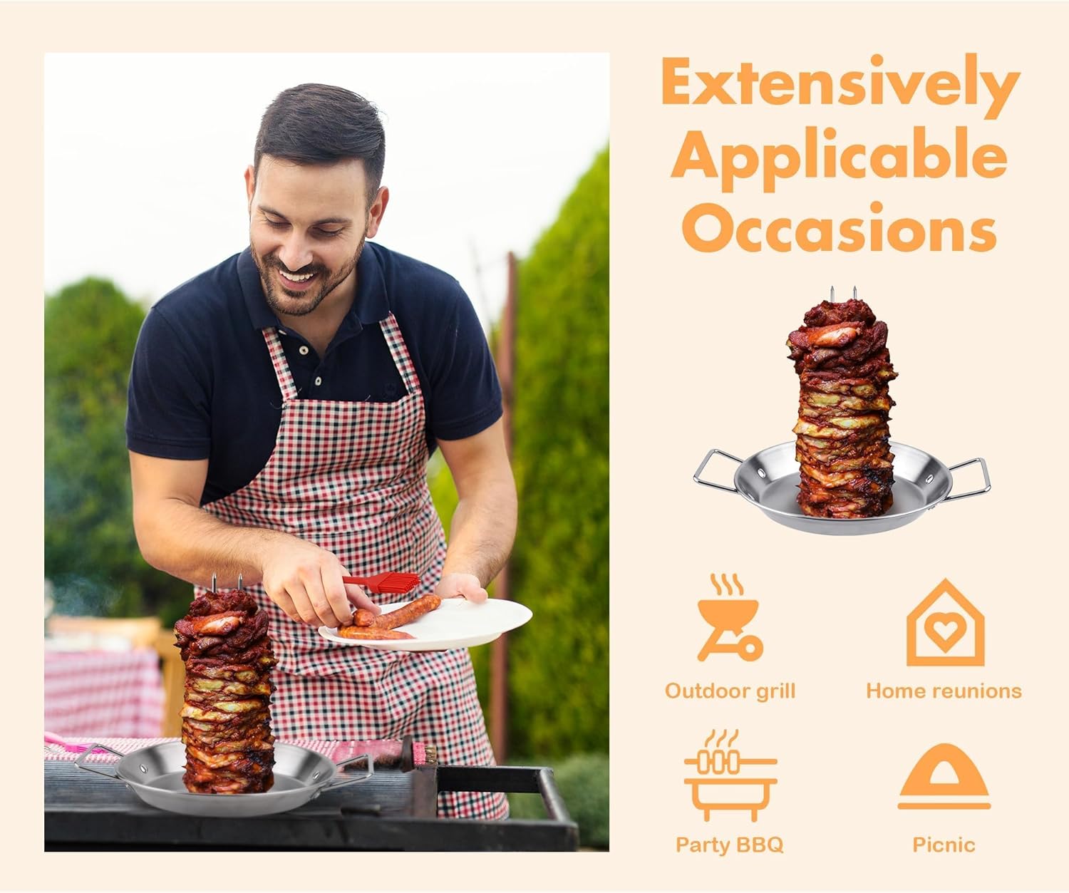 Elcoho Al Pastor Skewer for Grill BBQ Vertical Skewer Pan with Spikes Brush Tongs Screwdriver Al Pastor Rotating Grill Vertical Rotisserie for Turkey Tacos Al Pastor Shawarma Chicken on Smoker Oven
