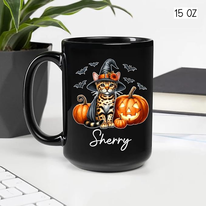 Personalized Name Bengal Wearing Witch Hat Coffee Mug, Custom Bengal Halloween Ceramic Cup, Spooky Cat Pumpkins Mug 11oz 15oz, Pet Halloween Black Cup, Gift for Cat Dad Mom Family Friend