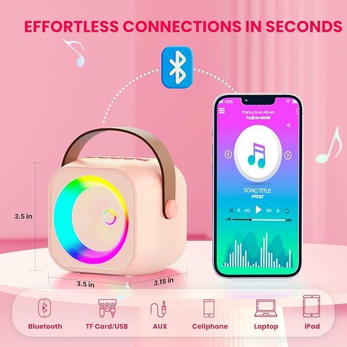 Mini Karaoke Machine for Kids Adults, Portable Bluetooth Speaker with Wireless Microphone, for Girls 4,5,6,7,8,9,10,12 Year Old Karaoke Toys Birthday Gifts Home Party (Pinkcolor 1 Mic)
