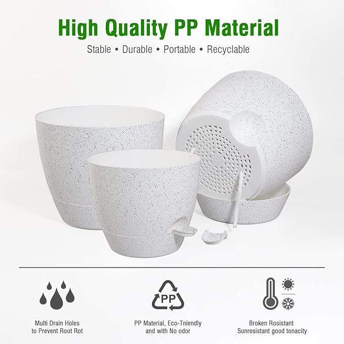 Large Self Watering Pots, 12/10/9 Plastic Planters with High Drainage Holes and Deep Reservoir for Indoor Outdoor Garden Plants and Flowers, White Speckles