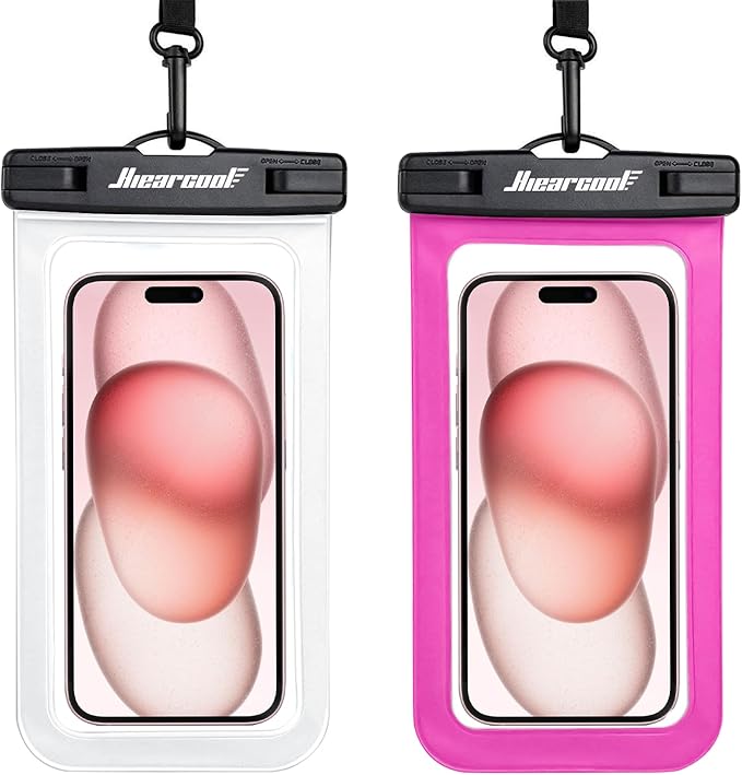 Hiearcool Universal Waterproof Phone Pouch,IPX8 Cell Phone Waterproof Case Up to 8.3" for iPhone 17 16 15 14 13 Pro Max,Beach Essentials Vacation Must Haves-Clear&Bright Red-2Pack