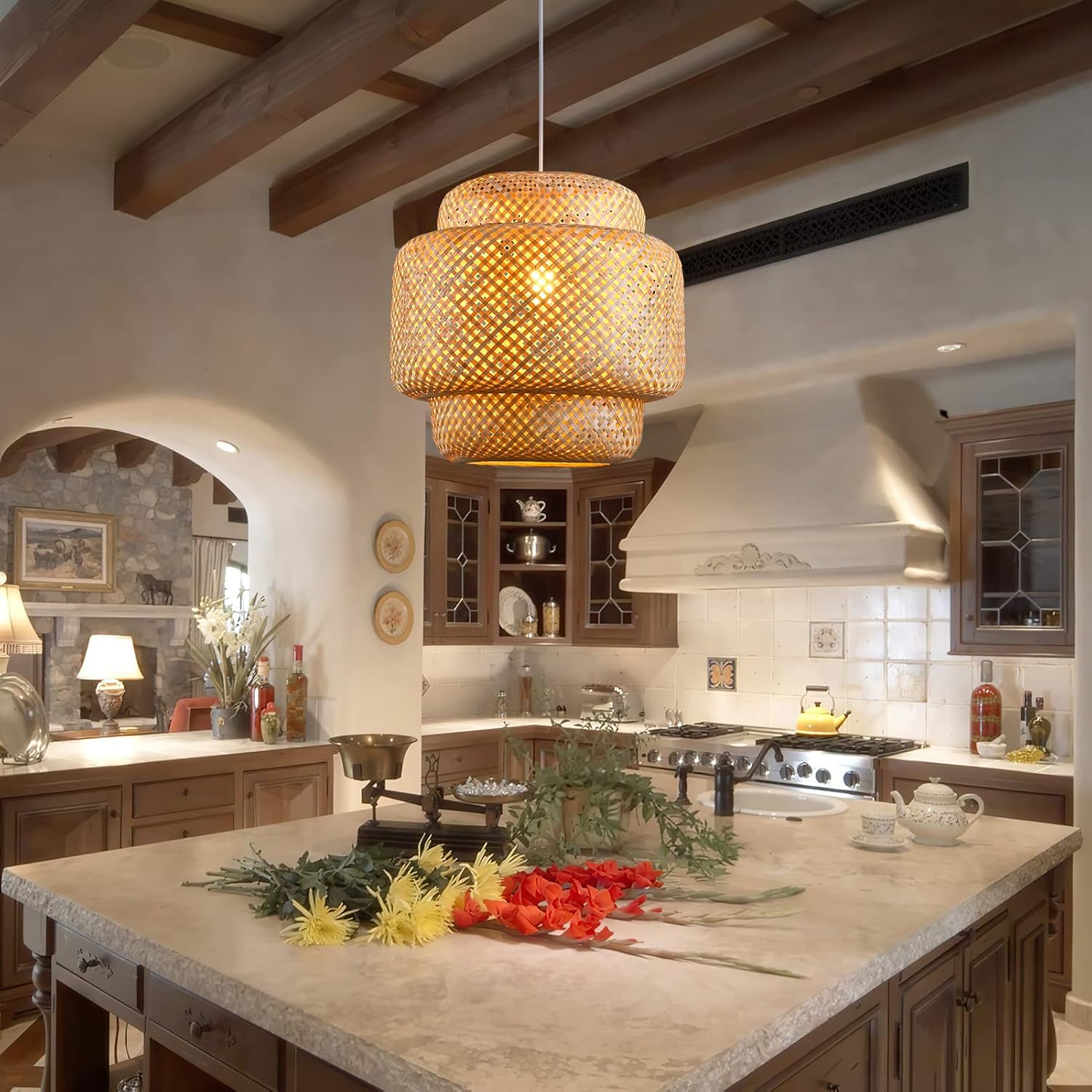 Bamboo Pendant Light - Boho Basket Chandelier Handmade Woven Pendant Light, Natural Wicker Rattan Hanging Chandelier for Kitchen Island Dining Room Living Room Porch