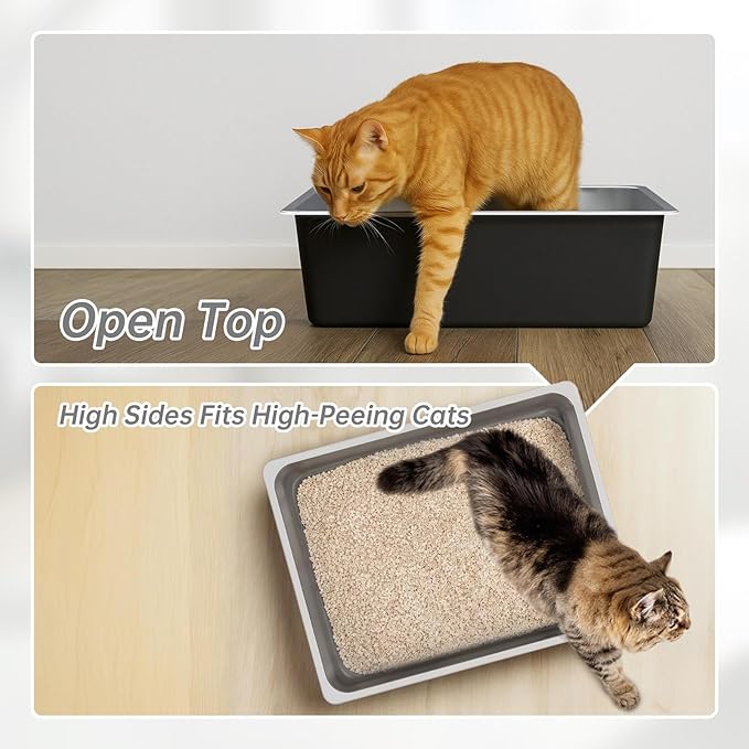 Ohtomber Stainless Steel Litter Box - Large Metal Cat Litter Box Pan High Sided, Never Absorbs Smell, Easy to Clean Non Stick Litterbox Tray Toilet Pet Supplies for Indoor Big and Small Cats, Kitten