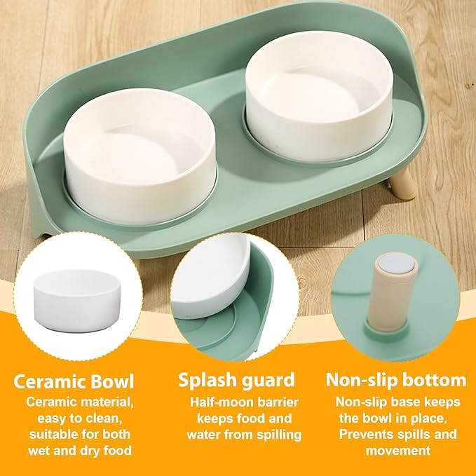 Elevated Dog Bowls Set, Ceramic Pet Food & Water Bowls with Non-Slip Stand, No Spill Design for Cats/Small Medium Dogs Green