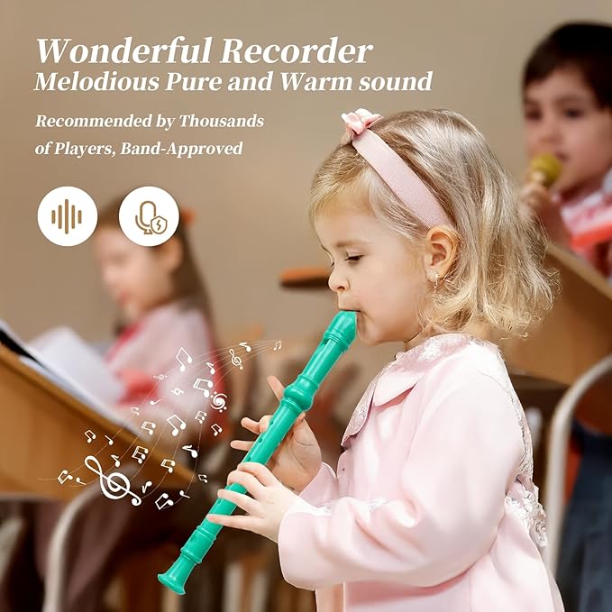 Soprano Recorder Instrument for Kids Beginners Student German Fingering C Key Recorder Instrument 3 Piece with Cleaning Rod and Bag Fingering Chart (bright green)