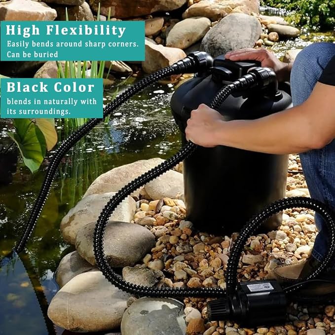 Pond Tubing ID 3/4” × 20ft Black Corrugated Flexible Reinforced Waterfall Pond Tube Sump Pump Hose, Non-toxic & Kinkproof (20 ft, 3/4" ID)