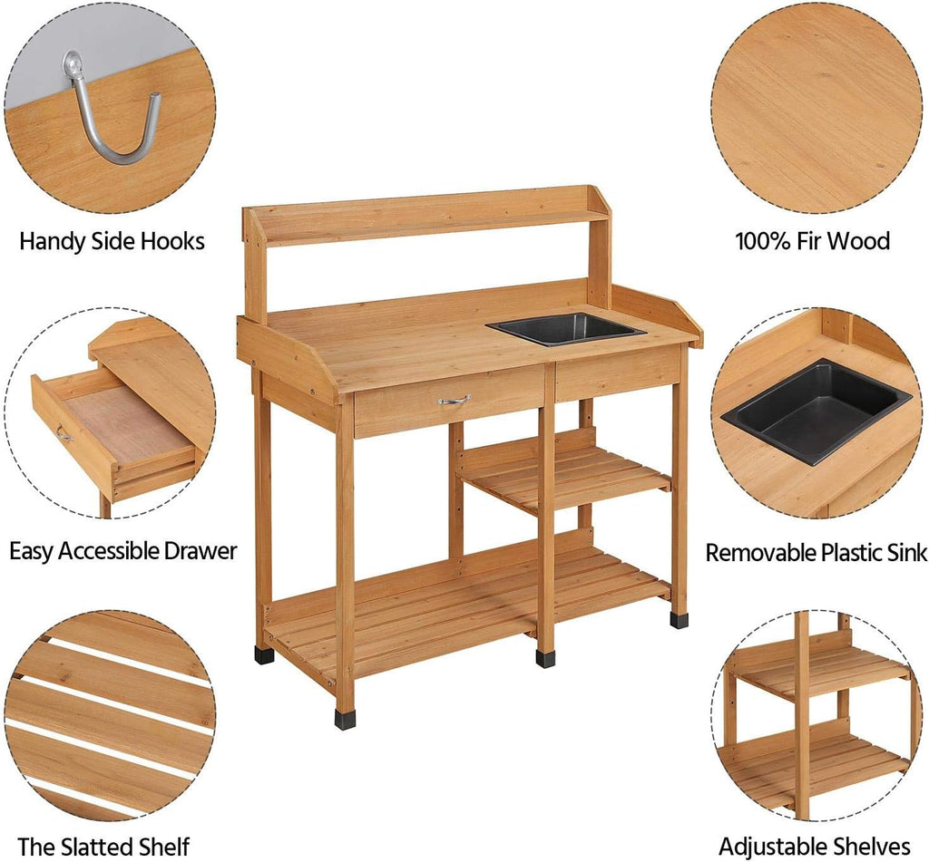 Yaheetech Potting Bench Outdoor Garden Work Bench Station Planting Solid Wood Construction for Horticulture w/Sink Drawer Rack Shelves Natural Wood