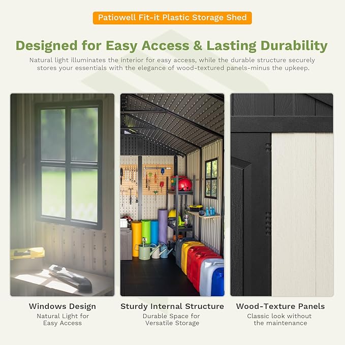 Patiowell 8 x 12 FT Resin Outdoor Storage Shed with Floor, Large Shed with Light and Lockable Door for Garden, Backyard, Tool Storage Use, Easy to Install in Beige (Kick-it Shed)