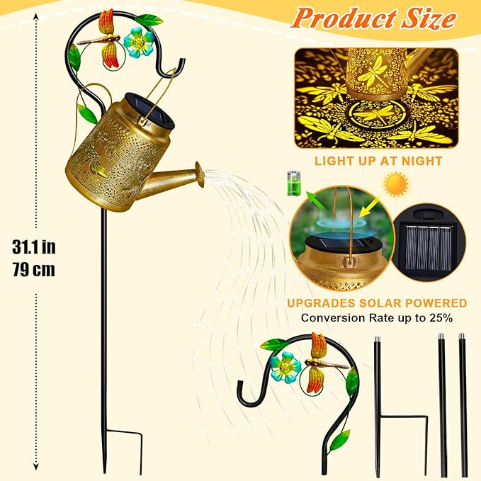 Dragonfly Solar Watering Can Lights, Outdoor Waterproof Garden Lantern with Shepherd Hook, Solar Garden Decor for Yard Outdoor Landscape Pathway Porch Patio, Garden Gift for Women Mom Grandma