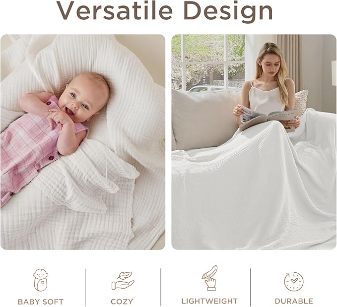 Threadmill Summer Queen Size Blanket| 4 Layer Cotton Gauze | Lightweight, Breathable, and Cozy for All Seasons | Versatile Muslin Blanket for Couch, Bed | White