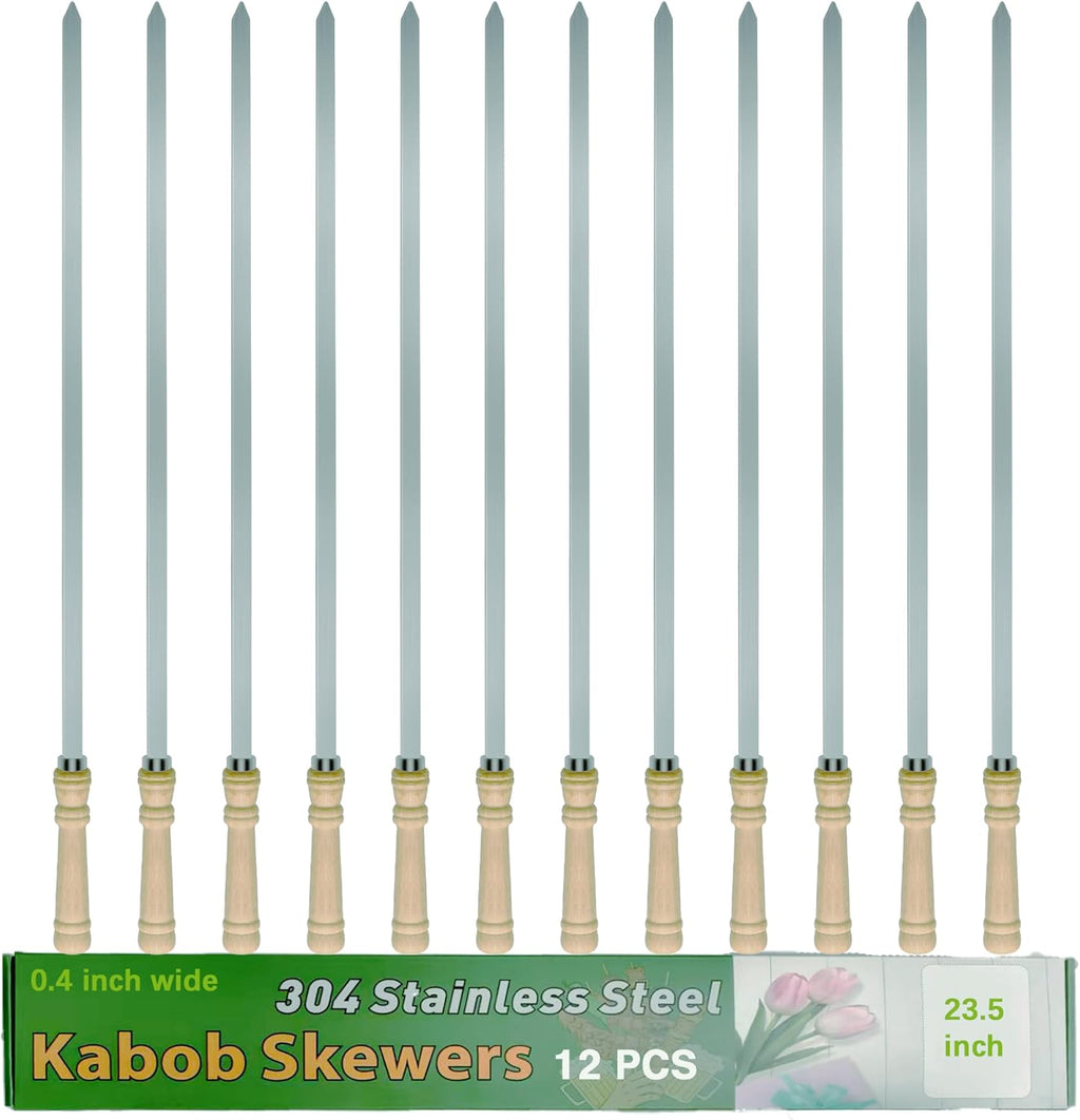 23.5" Large Skewers for Grilling,304 Stainless Steel 0.4 inch Wide Kabob Skewers with Wooden Handle,Heavy-Duty Flat Metal Kebab Skewer,BBQ Barbecue Skewer Reusable for Outdoor Grill-12PCS