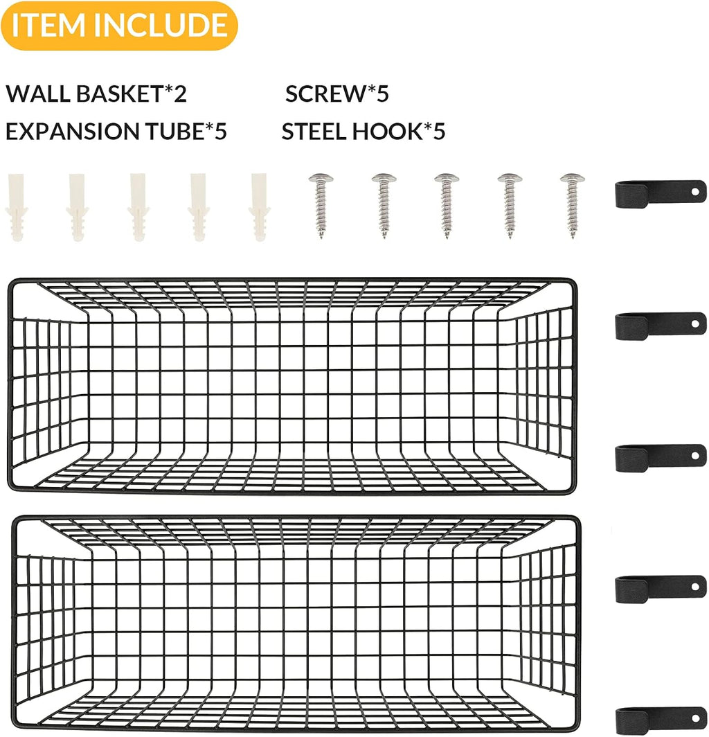 2 Sets Extra Large Hanging Wall Basket, Black Metal Wire Baskets with Steel Hooks for Organizing, WallmountedFruit Vegetable Toy Snack Storage, Home Kitchen Bathroom Laundry Pantry Organizer