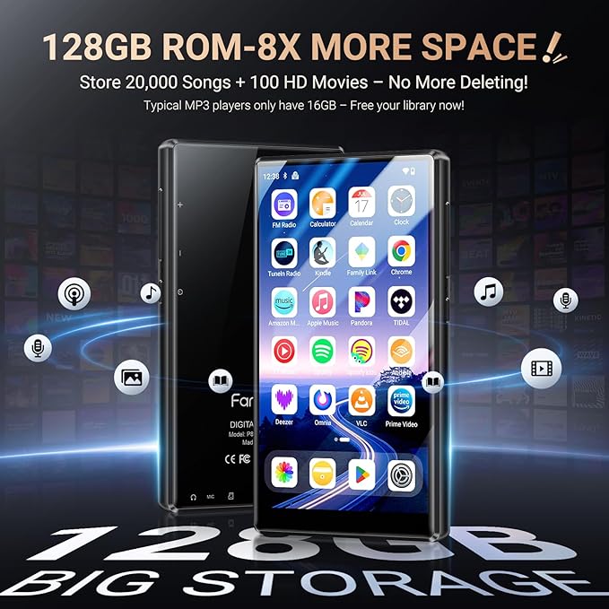 128GB MP3 Player with Bluetooth WiFi, Android 13 OS MP3 & MP4 Player with 5" Touchscreen and Speaker, 4GB RAM & 128GB ROM, Spotify Music Player with Audible, FM Radio, Amazon Music, Play Store
