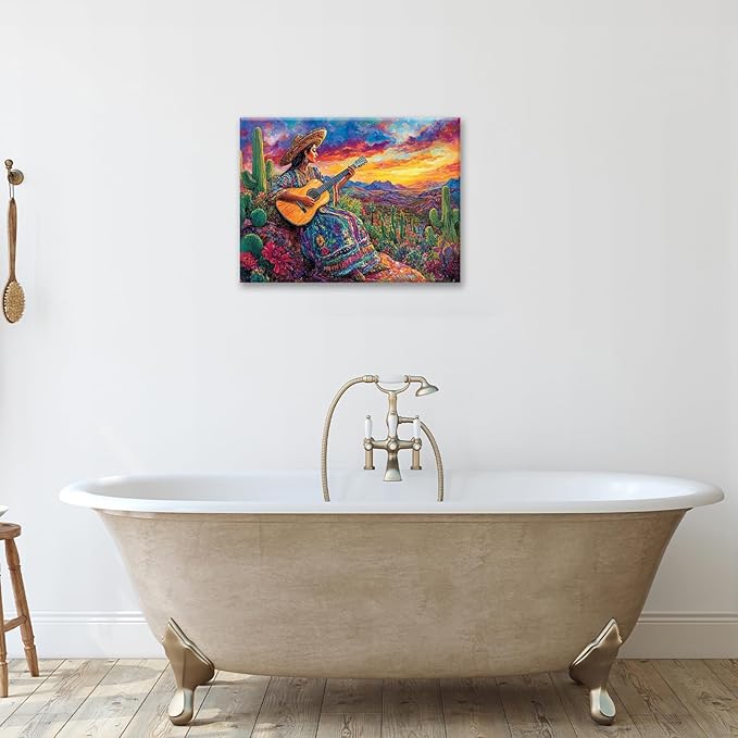 Mexican Women Pictures Wall Art, Cactus Landscape Bathroom Wall Decor, Nature Scenery Aesthetics Framed Painting Desert Modern Canvas Artwork for Bathroom Bedroom Living Room Decorations 24"L x 16"W