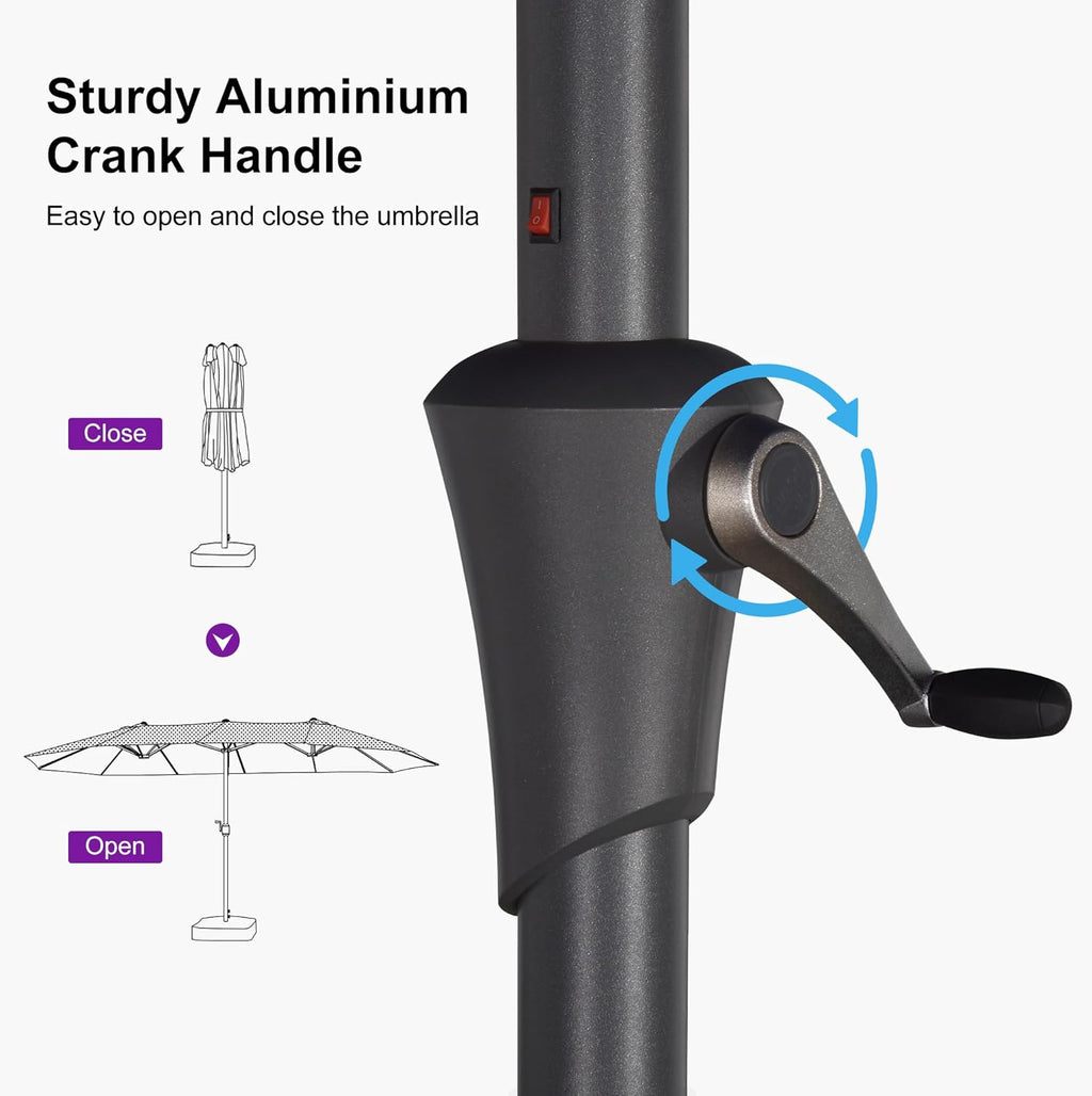 PURPLE LEAF 14ft Patio Umbrella with Solar Lights Outdoor Double-Side Market Umbrella with Base Included Rectangle Table Umbrella for Pool Garden Backyard, Light Grey