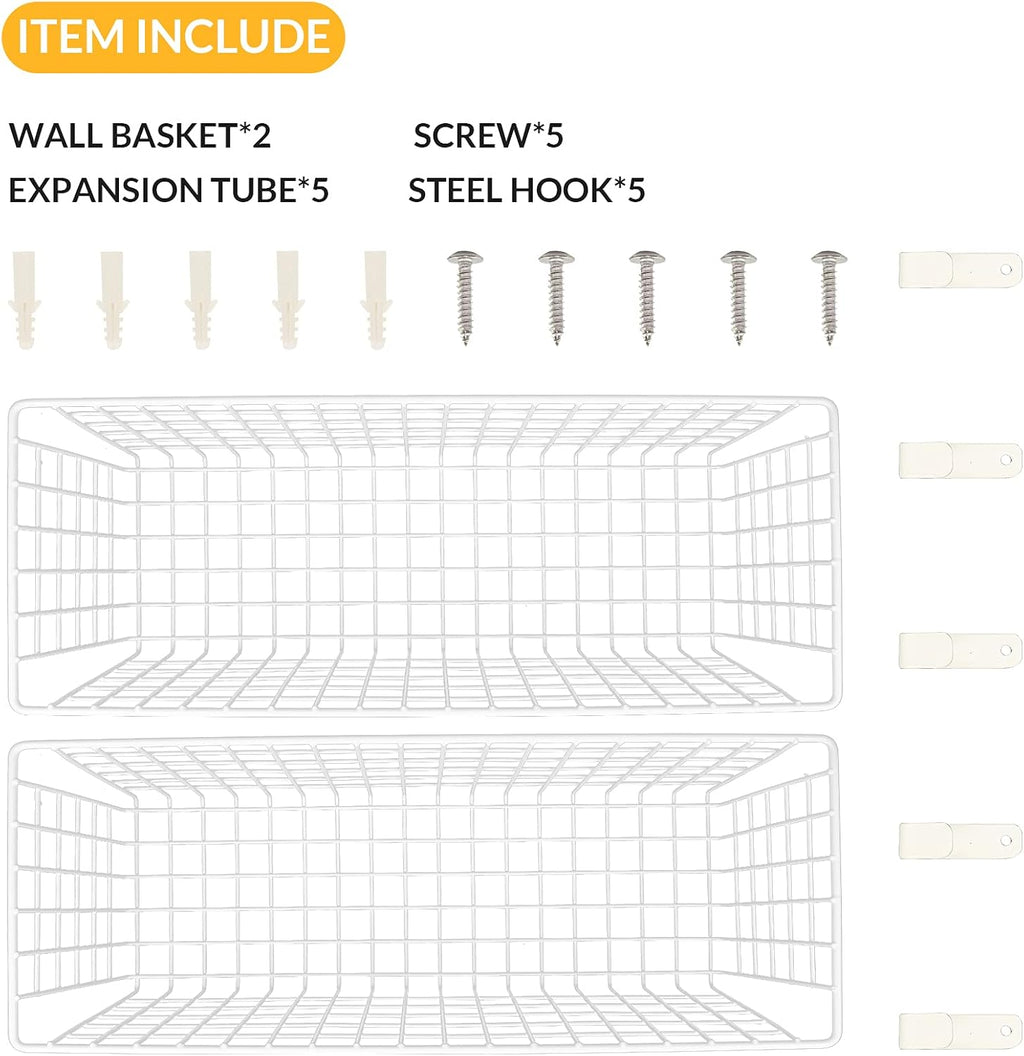 2 Sets Extra Large Hanging Wall Basket, White Metal Wire Baskets with Steel Hooks for Organizing, WallmountedFruit Vegetable Toy Snack Storage, Home Kitchen Bathroom Laundry Pantry Organizer