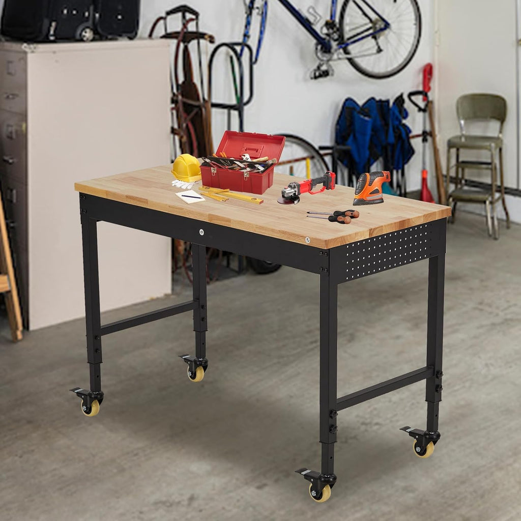 48x24 Inch Heavy-Duty Adjustable Workbench with Rubber Wood Top – 2000LB Capacity Mobile Garage Workstation, Locking Wheels, Power Outlets, Ideal for Workshop, DIY & Tool Storage (Black)