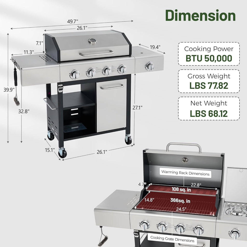 4-Burner Propane Gas Grill with Side Burner & Cabinet, 50,000 BTU Outdoor BBQ Grill with Porcelain-Enameled Cast Iron Grates, Stainless Steel Barbecue Grill for Outdoor Cooking (Silver)