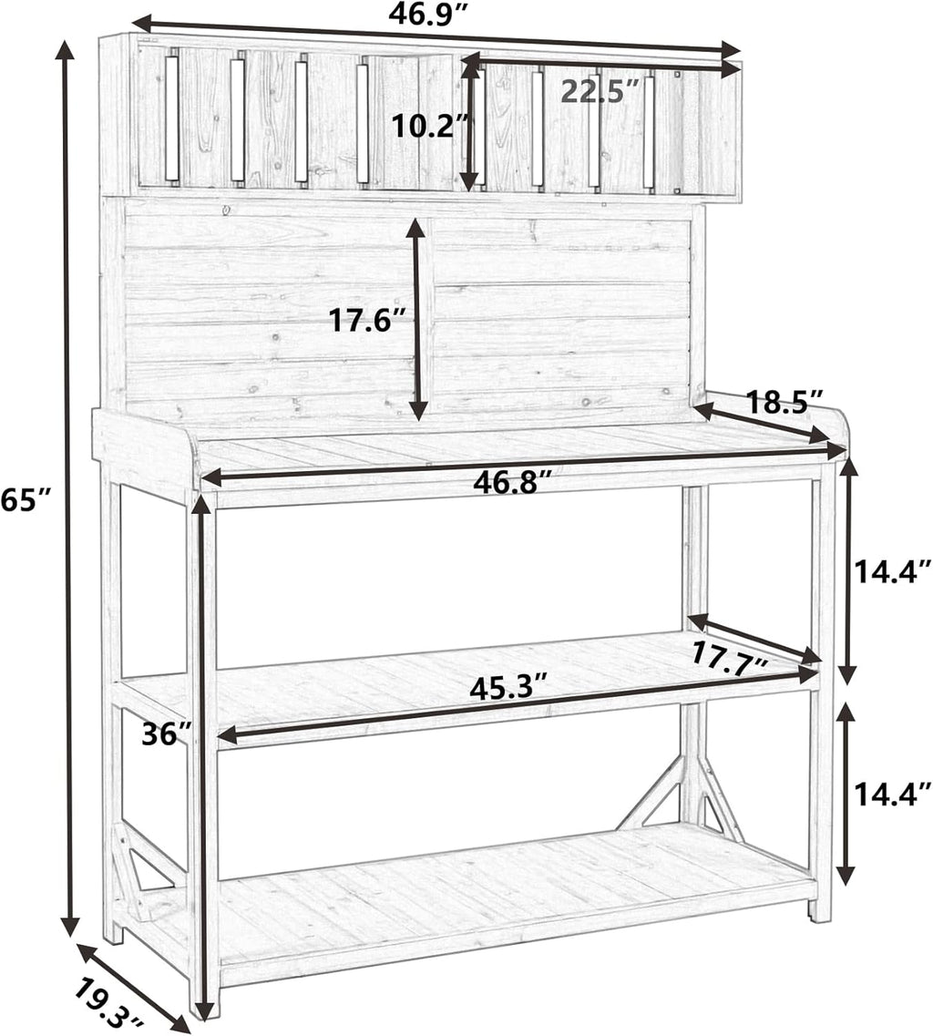 Merax 65" Large Wooden Farmhouse Rustic Outdoor Potting Bench Table with 4 Storage Shelves and Side Hook, Patio Workstation, for Garden, Backyard, Green