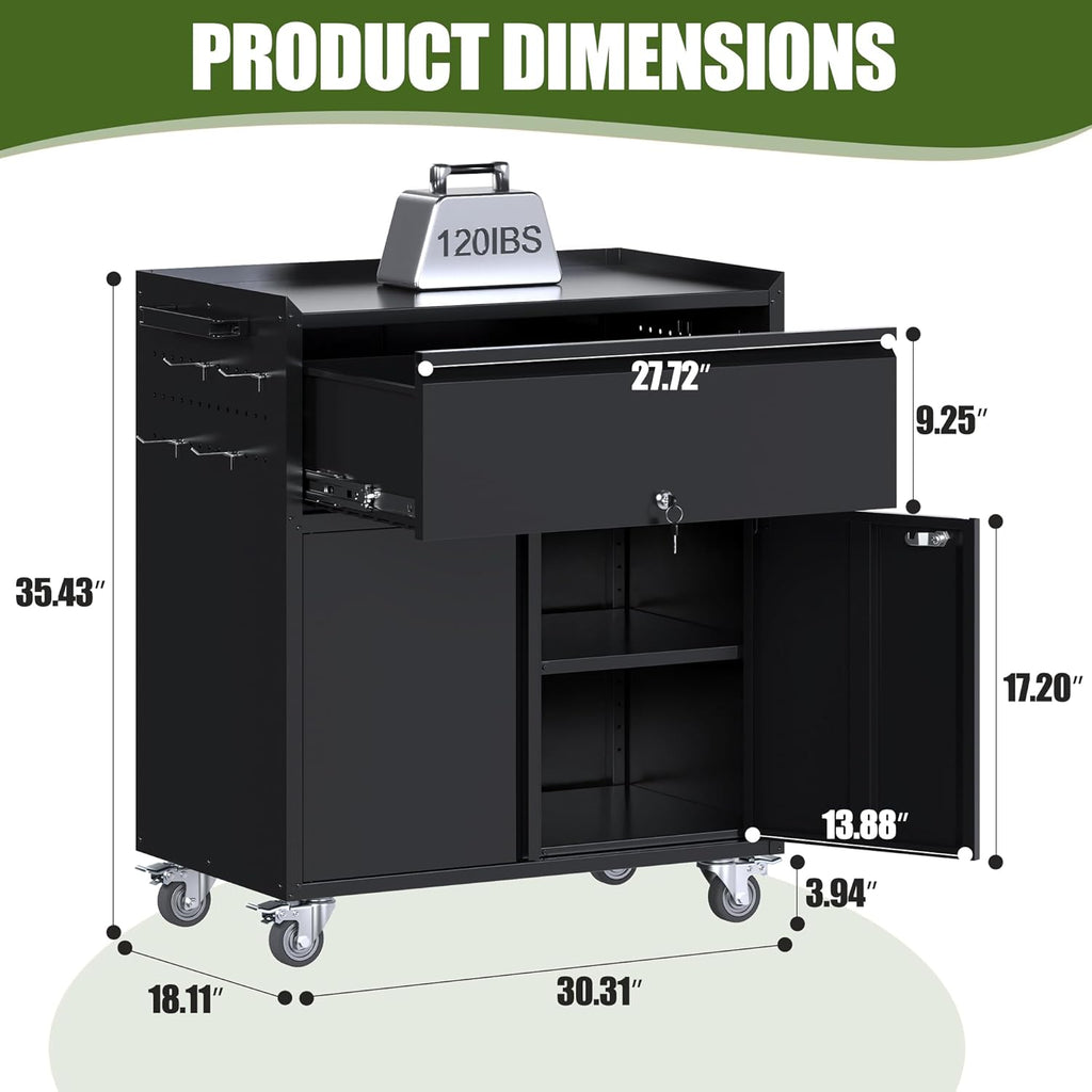 35.43'' H Metal Storage Cabinet on Wheels with 1 Drawer, Rolling Steel Garage Tools Cabinet with Side Pegboard &4 Hooks & 1 Adjustable Shelf for Garage,Shop,Home, Black, Assembly Required