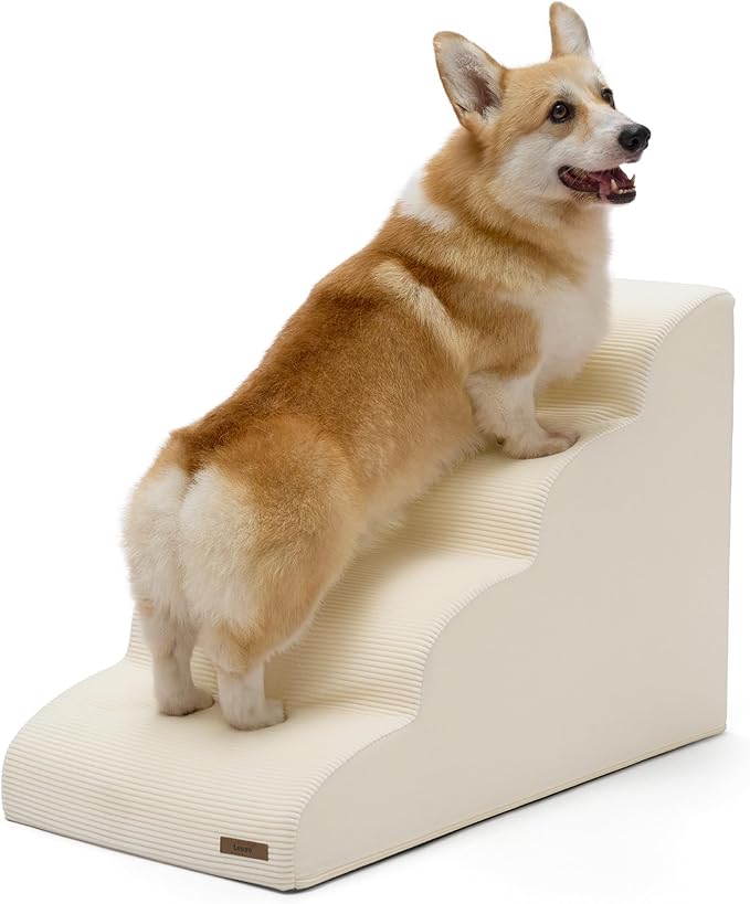 LE SURE Dog Stairs for Large Dogs Pet Steps Ramp for High Bed and Couch with CertiPUR-US Certified Foam with Non-Slip Bottom, Beige, 4 Steps