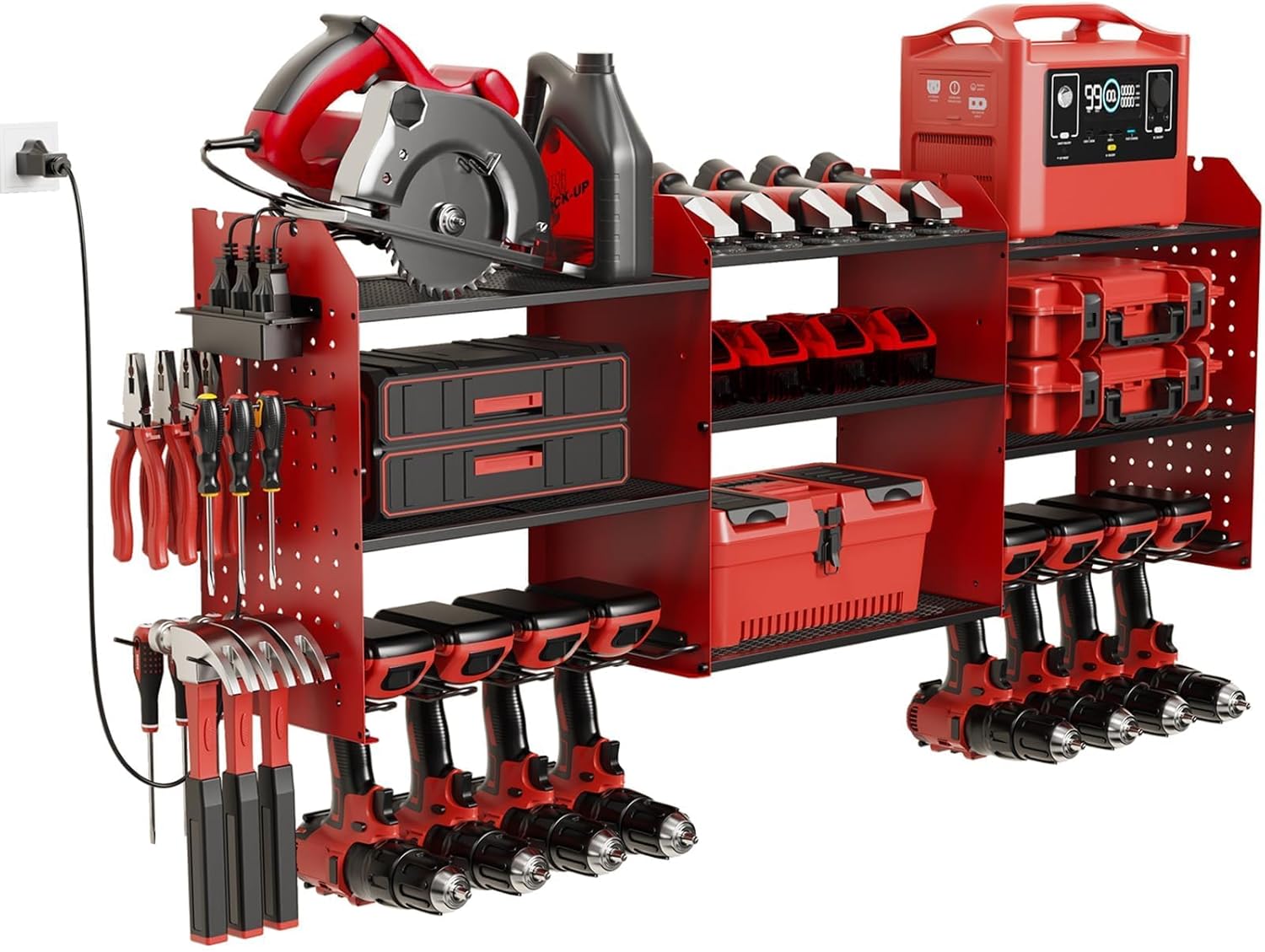 Power Tool Organizer with Charging Station Wall Mount, 3 Layer Expanded Heavy Duty Garage Organization, 45.5 Inch Length Garage Tool Storage, 8 Drills, 2 Assemble Method, Red