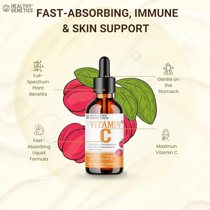 Vitamin C Supplement | Liquid Vitamin C Liquid Drops for Adults & Kids | Acerola Cherry | Immune Support Supplement | Antioxidant | Skin | Vegan | Non-GMO | Gluten Free | 2 Fl