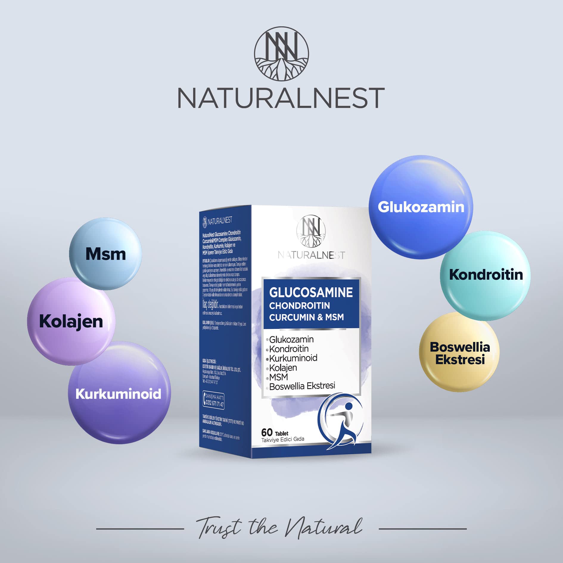NaturalNest Glucosamine Chondroitin Curcumin MSM Supplement for Joint Health Support - 60 Tablets