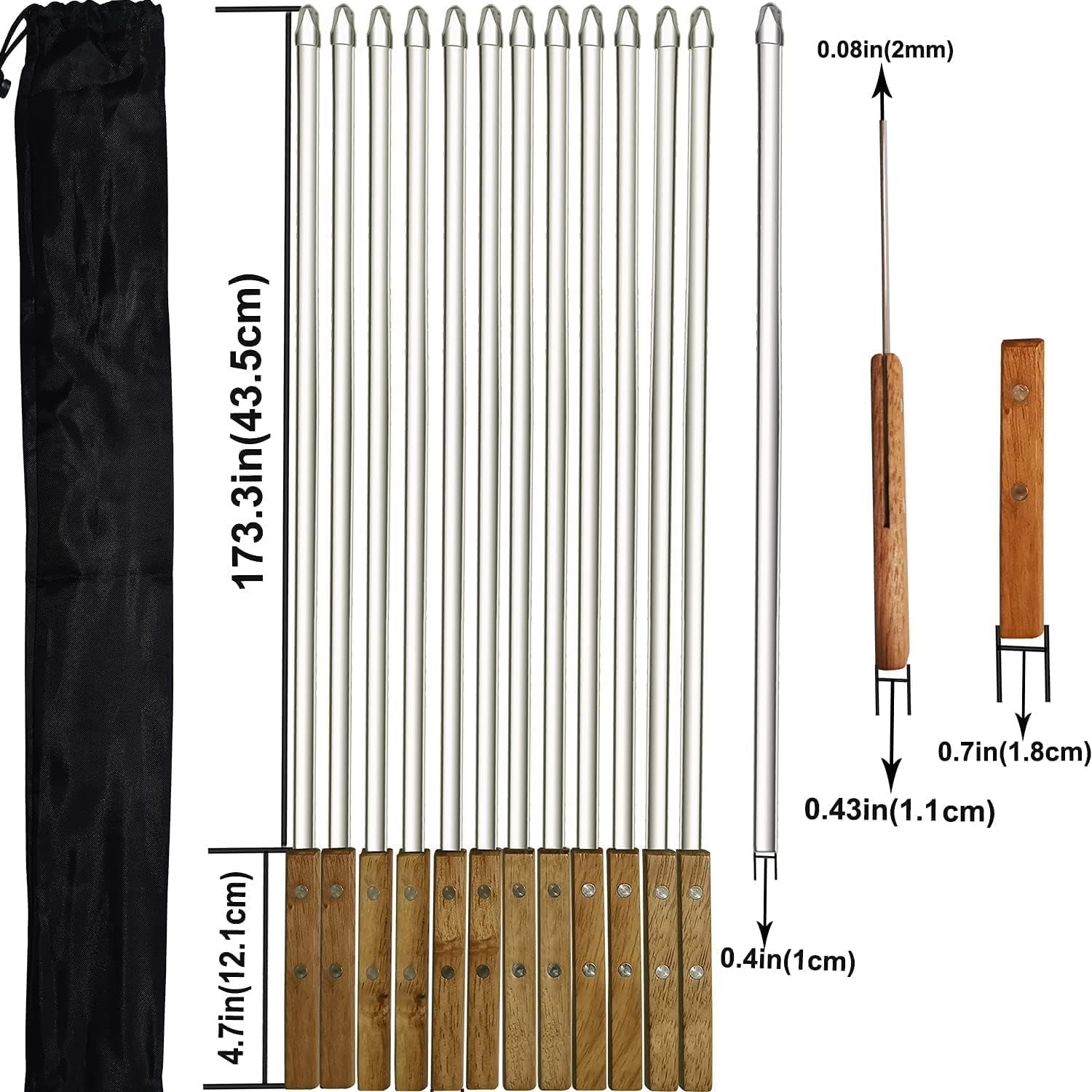 12 Pack Kebab Skewers 22 Inch Stainless Steel Grilling BBQ Skewer Reusable Barbecue Skewers Flat Stick with Wood Handle,Ideal for Koubideh Brazilian Chicken Shrimp Turkish Shish Kabob