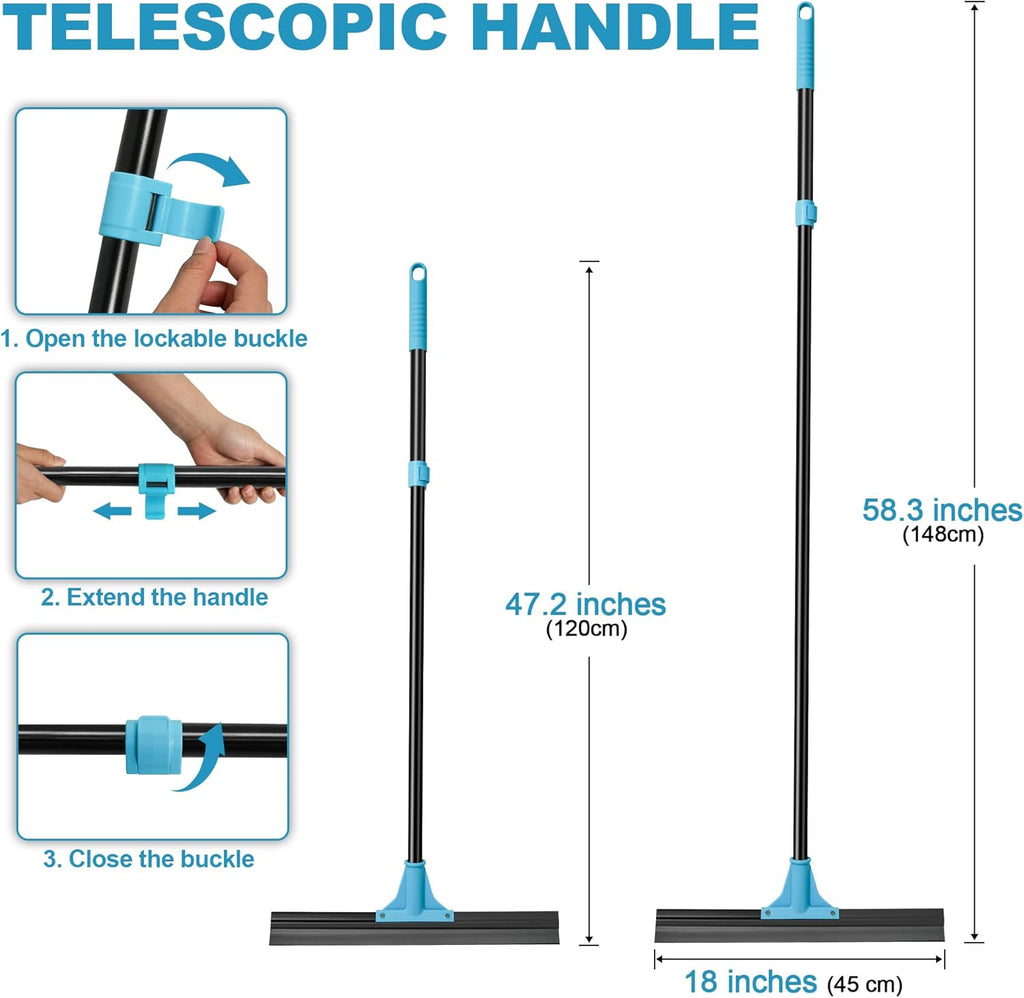 NEWE Floor Squeegee Broom with 18’’ Heavy Duty Rubber Scraper and 58.3’’ Telescopic Long Handle for Garage Concrete Bathroom Tile Shower Glass Marble Deck Window