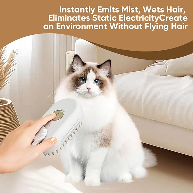 4-in-1 Cat Steam Brush for shedding – Self-Cleaning Comb for Long and Short Hair Cats and Dogs, Steam Pet Brush for Hair Removal, Vibrating Message, Grooming & Relaxation (White)