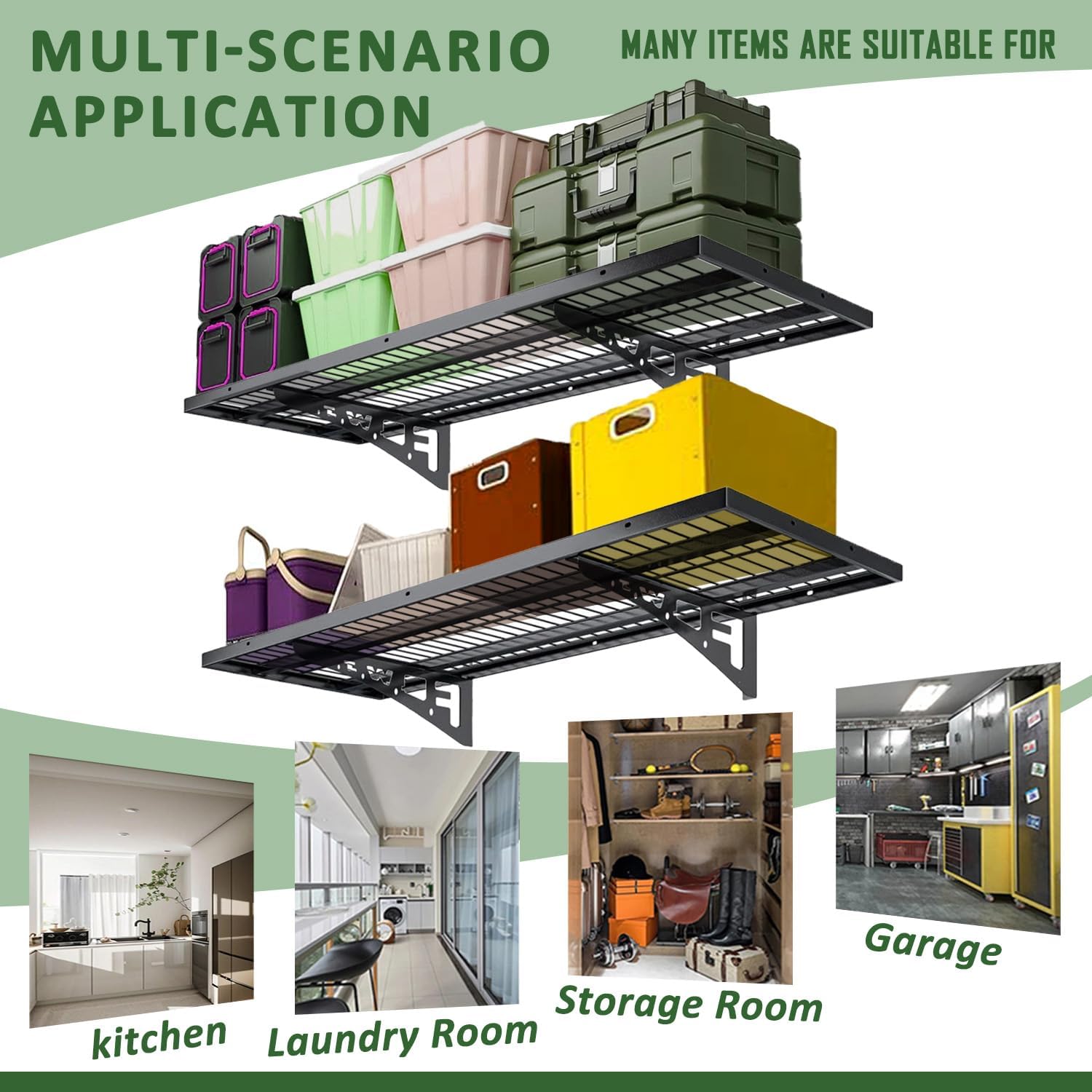2 Pack Garage Wall Shelving, Heavy Duty 1.5' x 3.8' Wall Mount Storage Shelf with Hooks, Garage Storage Rack Floating Shelves, Holds 250 lbs Each