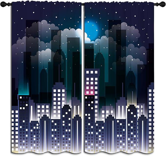 Superhero Rod Pocket Blackout Curtains for Boy Girl Bedroom, Violet Night Sky Buildings Cityscape Home Energy Efficient Light Filtering Window Curtain for Living Room, 42x63 inch