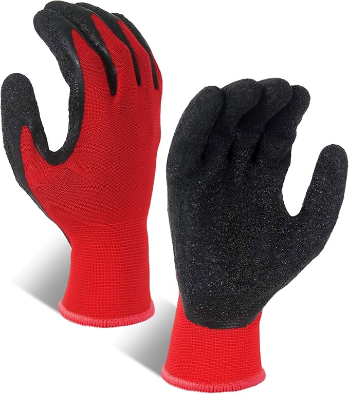 Evridwear Crinkle Latex Rubber Hand Coated Safety Work Gloves for Men Women General Multi Use Construction Warehouse Gardening Assembly Landscaping (XS-Size) 12 Pairs Pack