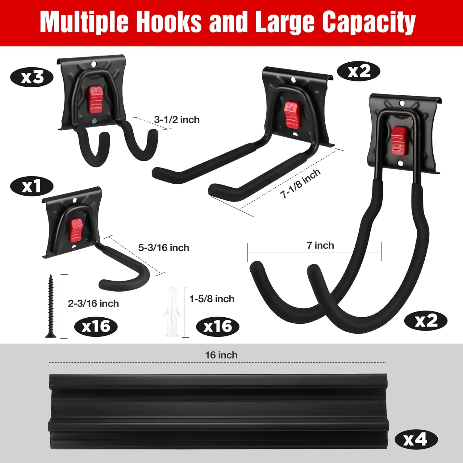 WORKPRO Garage Tool Organizer Wall Mount, Garage Organization Garden Tool Rack Holder System, 64-Inch 4 Rails with 8 Heavy Duty Adjustable Hooks for Hanging and Storage
