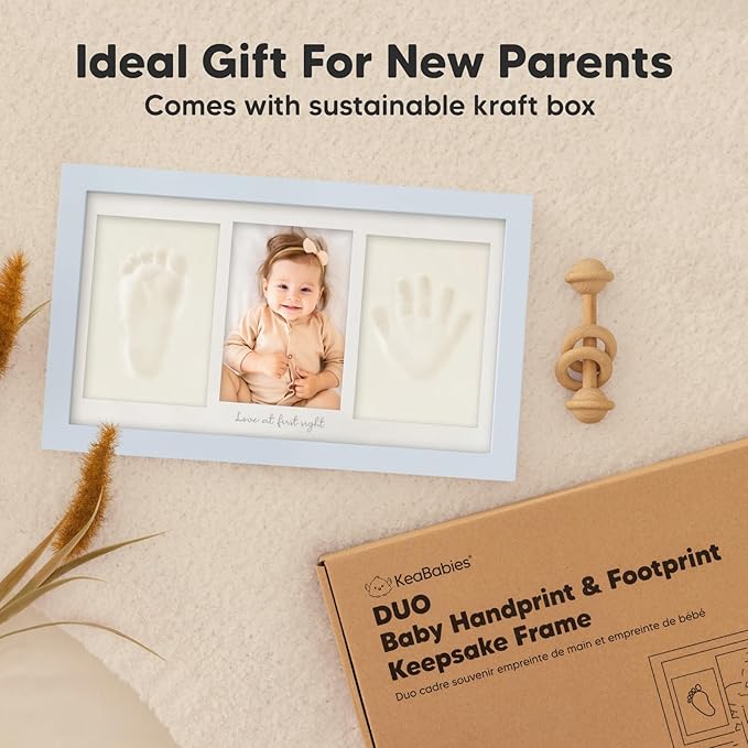 Baby Hand and Footprint Kit - Clay Handprint Keepsake Frame, Newborn Nursery Picture Frame, Personalized New Mom Gifts for Baby Shower & Registry (Mist Blue)